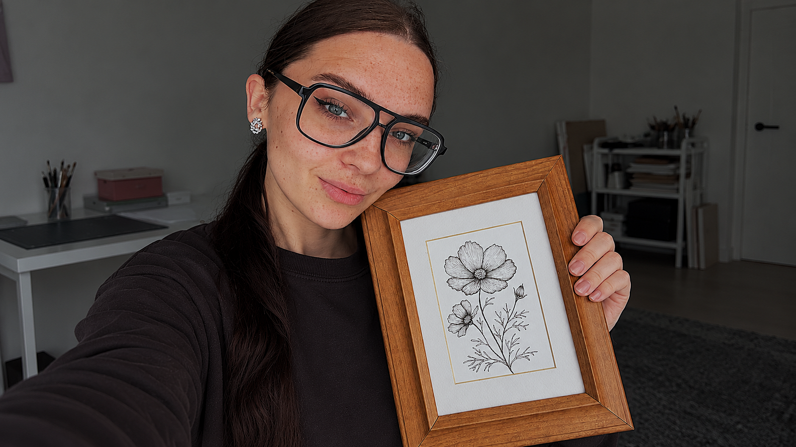 Angelina Spark, artiste peintre au Mans, présente un dessin de cosmos à l'encre dans un cadre en bois
